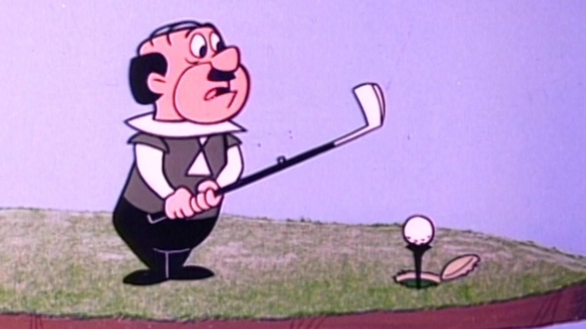 Mr. Spacely plays golf off of a suspended platform. the tee, and ball, come up from the green automatically