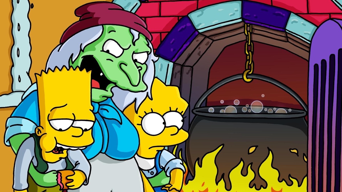 A witch holds Bart and Lisa under each arm. Lisa is Gretel, Bart is Hansel. He is eating a pastry as the Witch carries them towards a bubbling cauldron 