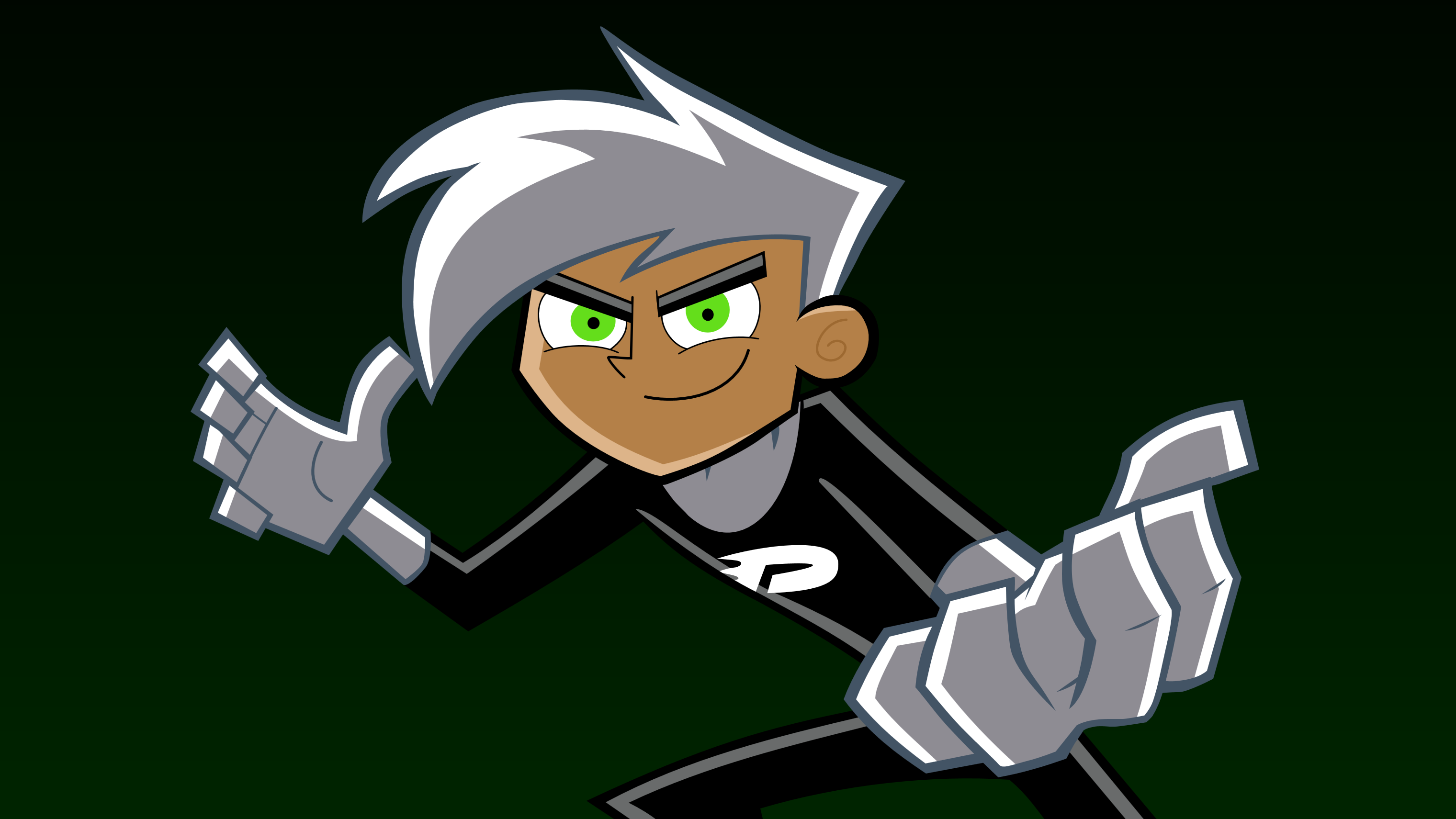Danny Phantom the cartoon character poses against a green background in costume.