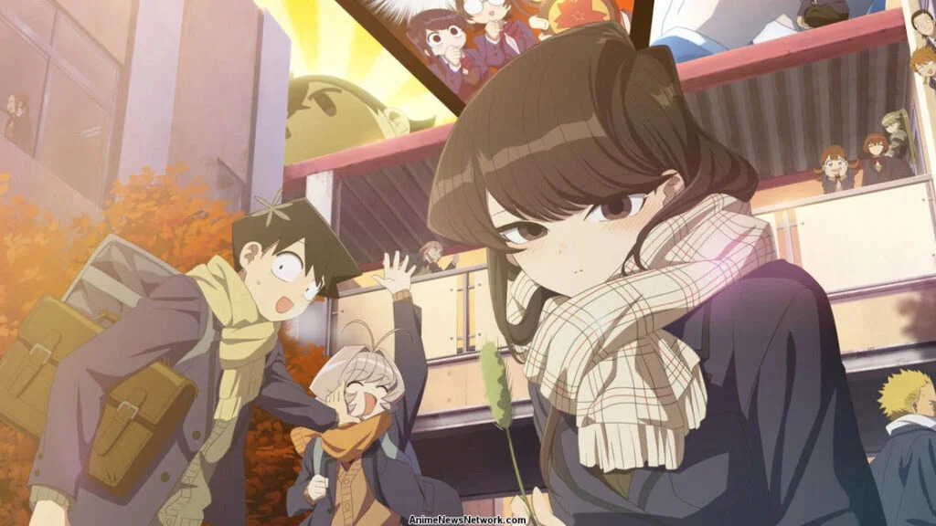 Three of the main characters in what was the poster for Season 2, all wearing school attire. From left to right: Hitohito Tadano, Najimi Osana, and Komi Shouko