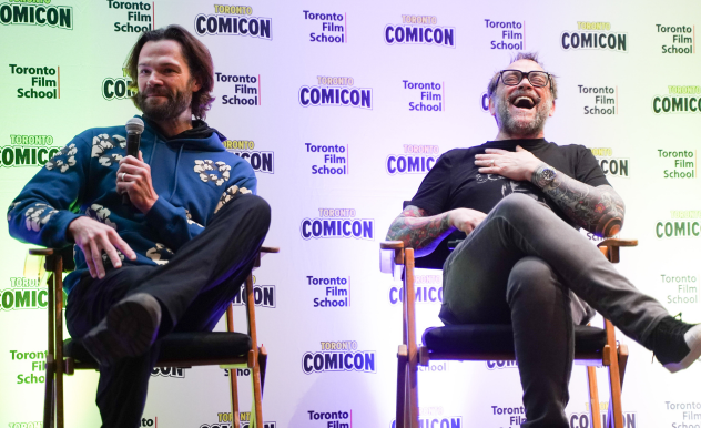 As Jared Padalecki (left) tells the audience a story, Mark Sheppard (right) throws his head back in laughter. 
