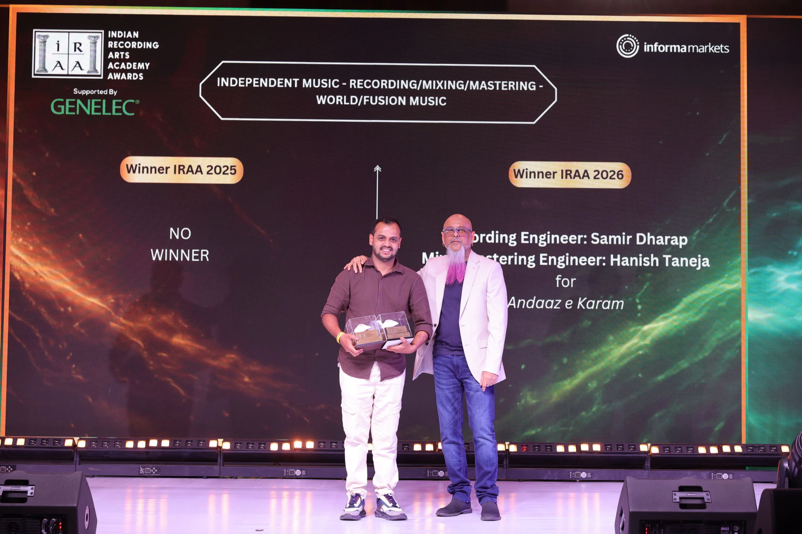 IRAA 2026 – Samir Dharap accepted the award for himself & Hanish Taneja for Independent Music - Recording/Mixing/ Mastering – World/Fusion Music