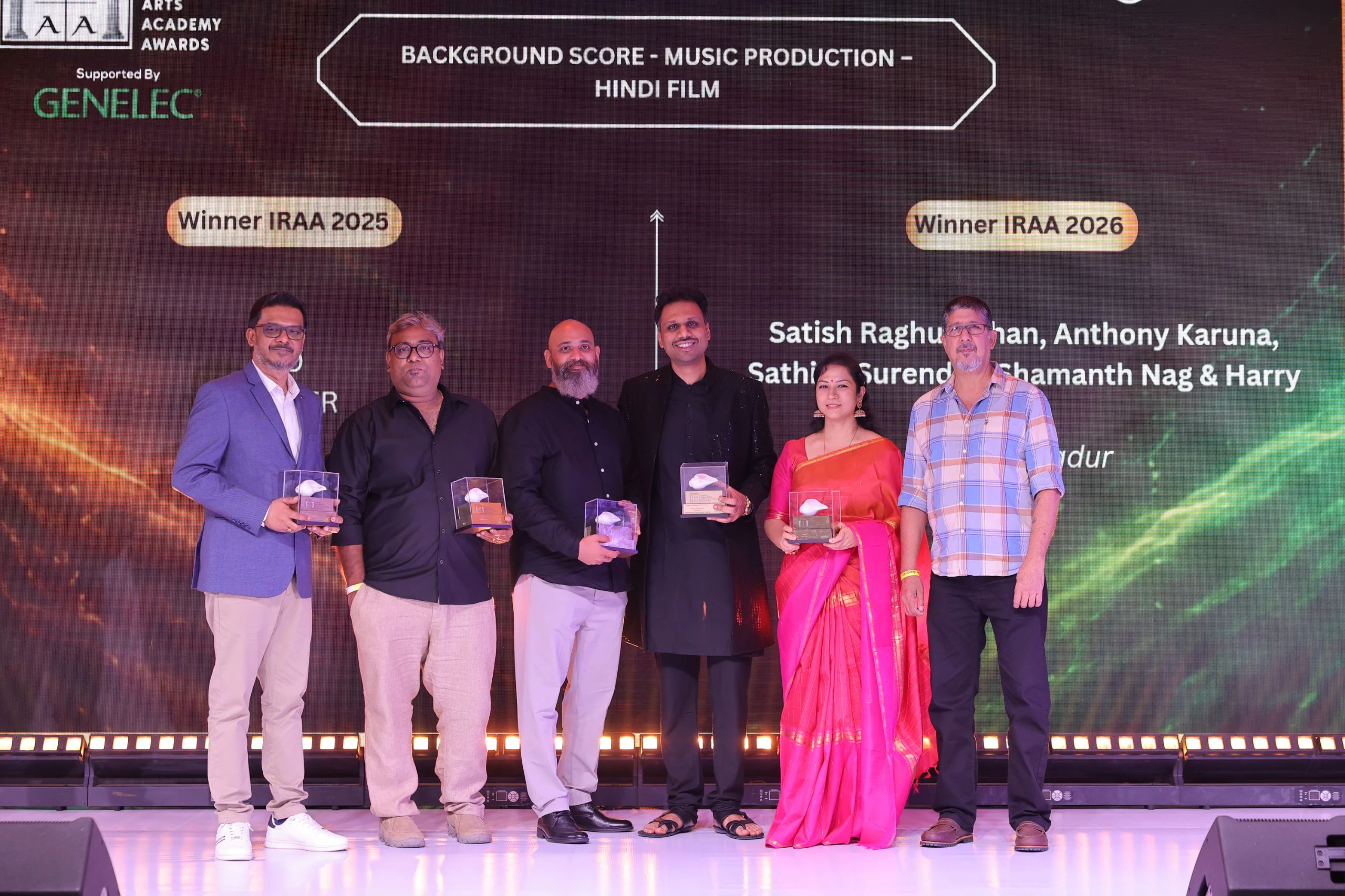 IRAA 2026 - Satish Raghunathan, Anthony Karuna, Sathish Surender, Shamanth Nag & Harry received the award for Background Score - Music Production - Hindi Film