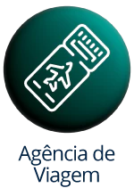 Botão circular verde com ícone de passagem aérea e o texto 'Agência de Viagem' abaixo.