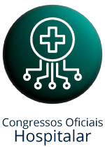 Botão circular verde com ícone de cruz médica conectada a circuitos e o texto 'Congressos Oficiais Hospitalar' abaixo.