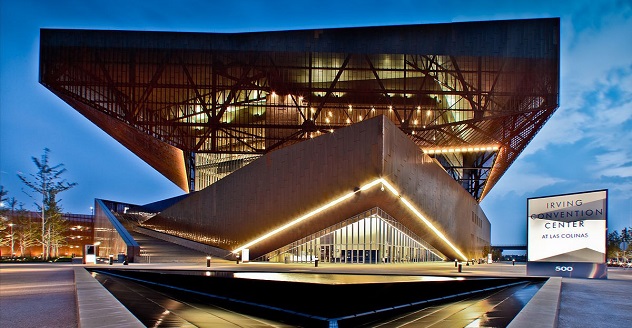 picture of the outside of the Irving Convention Center at nighttime