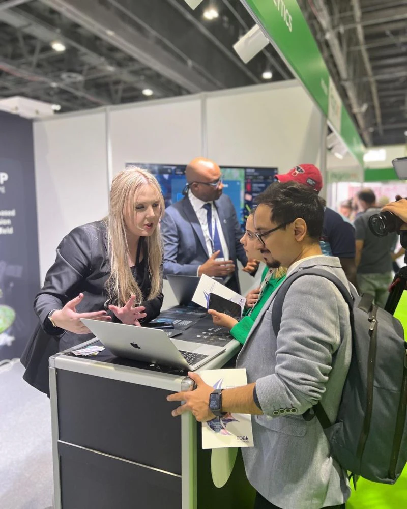 Exhibitors showcasing livestock and smart farming technologies at AgraME 2025 in Dubai, featuring feed innovations and veterinary tools.