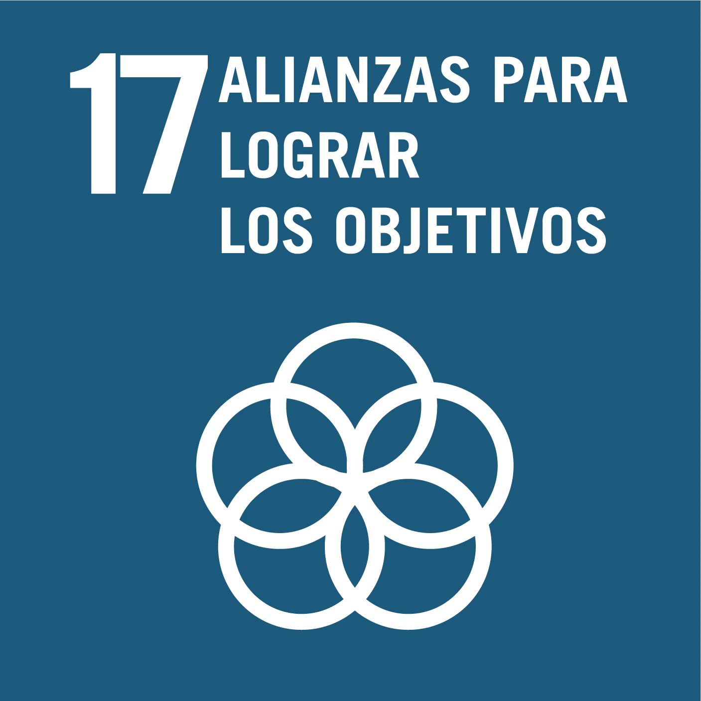Logo del Objetivo de Desarrollo Sostenible 17: Alianzas para Lograr los Objetivos en fondo azul oscuro con icono de círculos entrelazados.