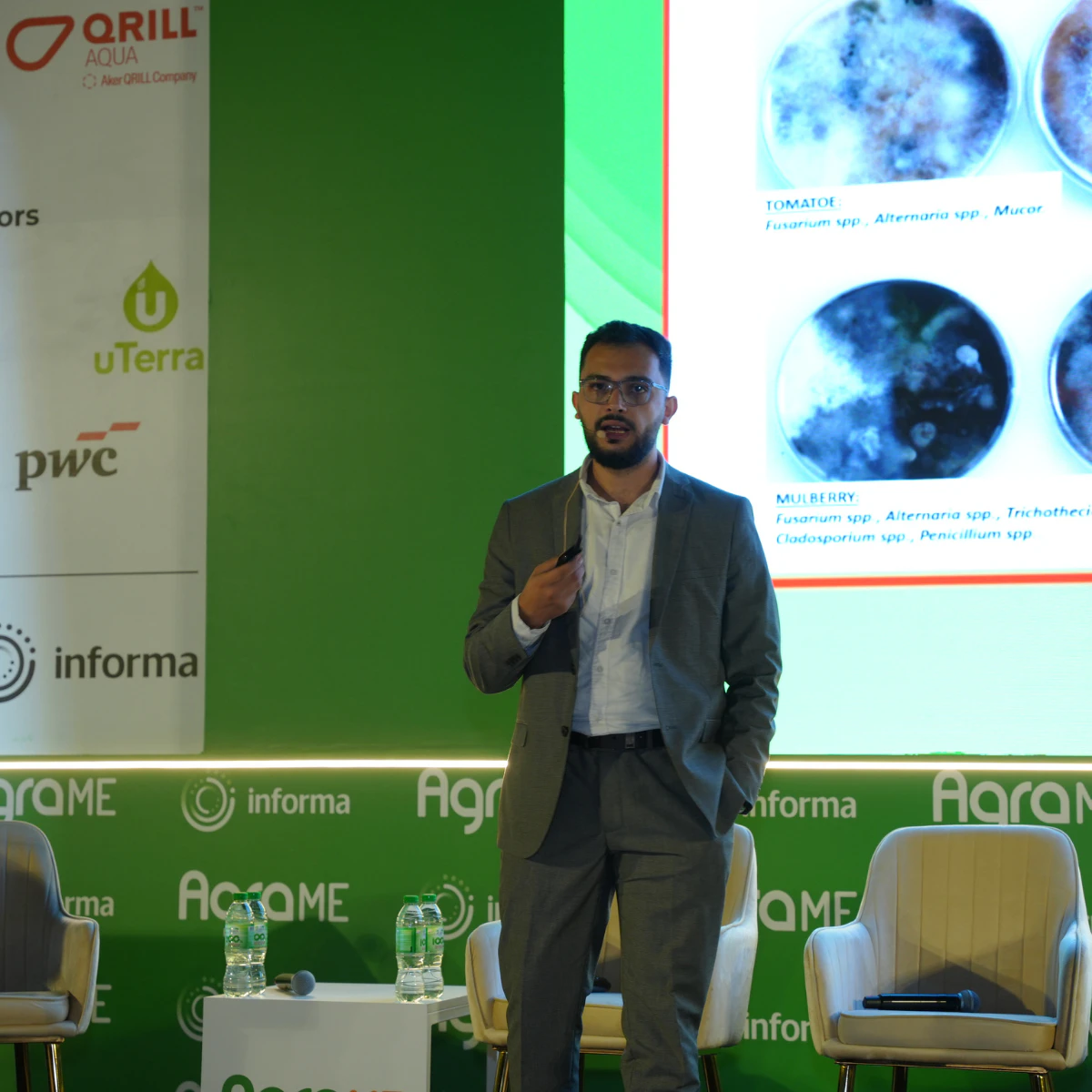 Keynote speaker presenting innovations in aquaculture technology, sustainable feed, and biosecurity at AgraME 2025 in Dubai.