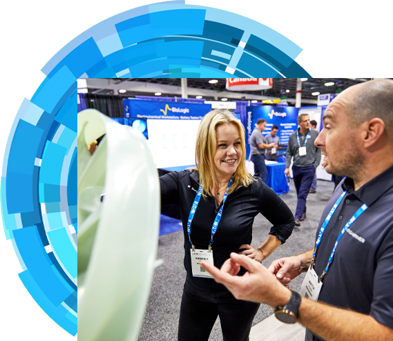 Tradeshow attendee looking at a product being showcased at the show