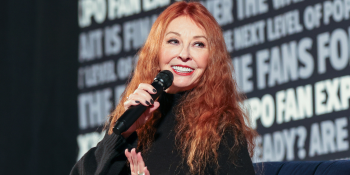 Cassandra Peterson smiles as she answer's the moderator's question during her Main Stage panel at FAN EXPO Portland