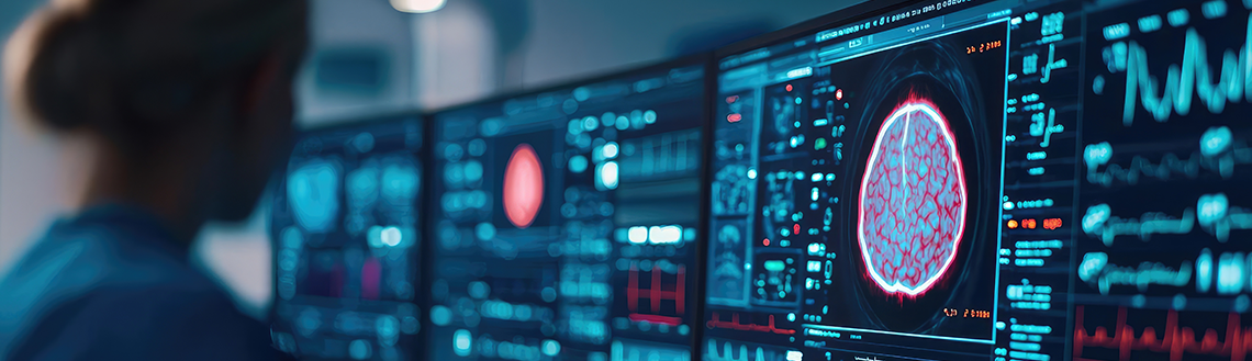Medical professional analyzing brain scan on multiple monitors in a modern lab