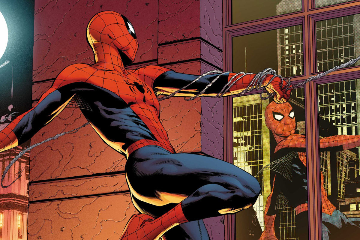 Spider-Man swings by a window and looks at his reflection