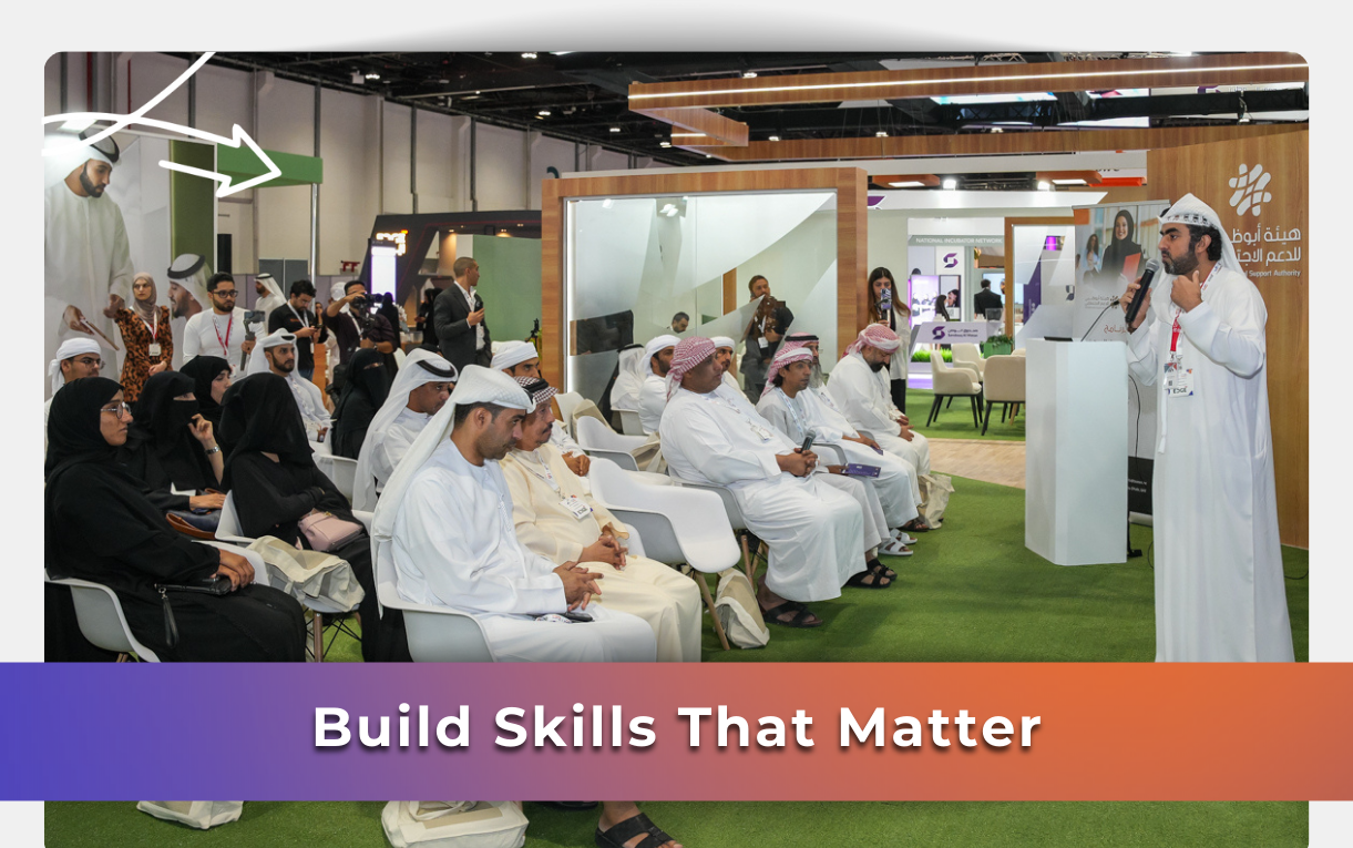 Young Emiratis participating in hands-on career workshops and mock interviews at Tawdheef x Zaheb 2025 career expo.