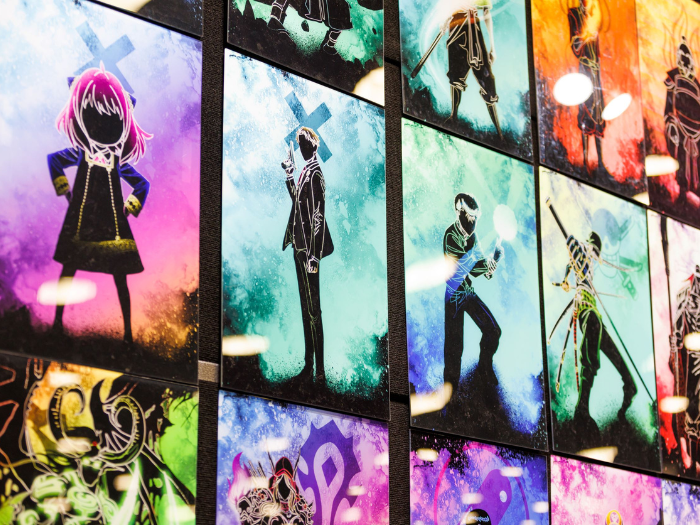 View of shiny vendor prints on display wall