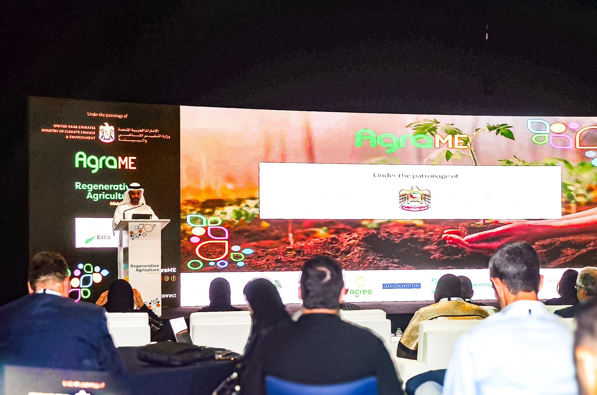Panel discussion at AgraME 2025 in Dubai, showcasing expert speakers on regenerative agriculture, innovation, water management and sustainable food systems.