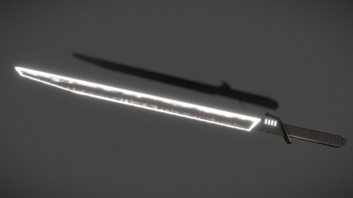 The darksaber is suspended mid air, illuminated. Its shadow is cast on the black wall behind it