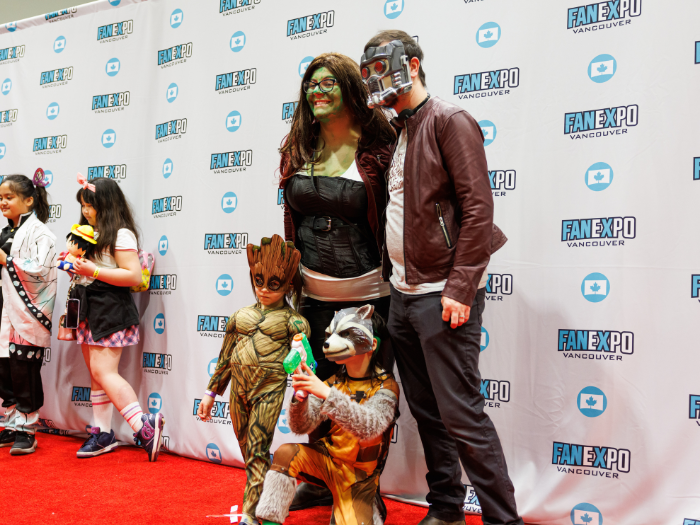 Family dressed as Gamora, Star Lord, Rocket and Groot from Guardians of the Galaxy