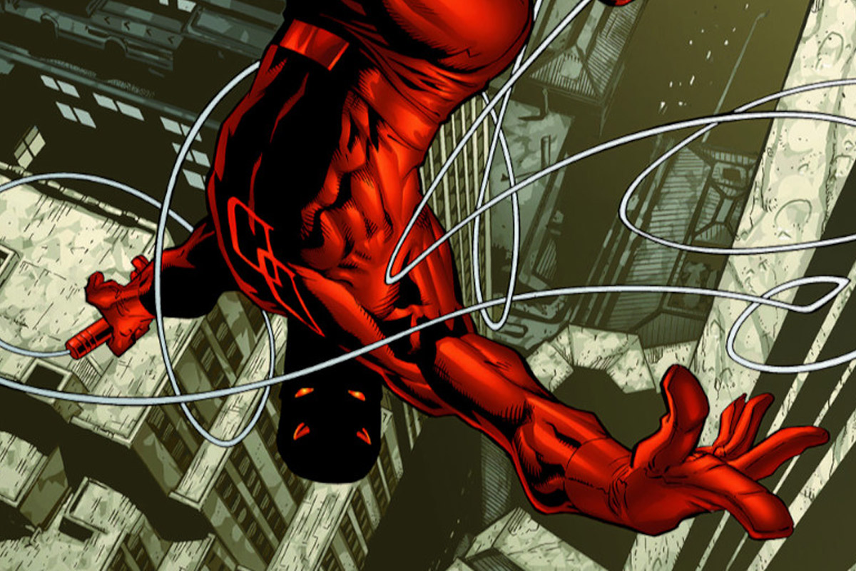 Daredevil falls from a rooftop while looking up