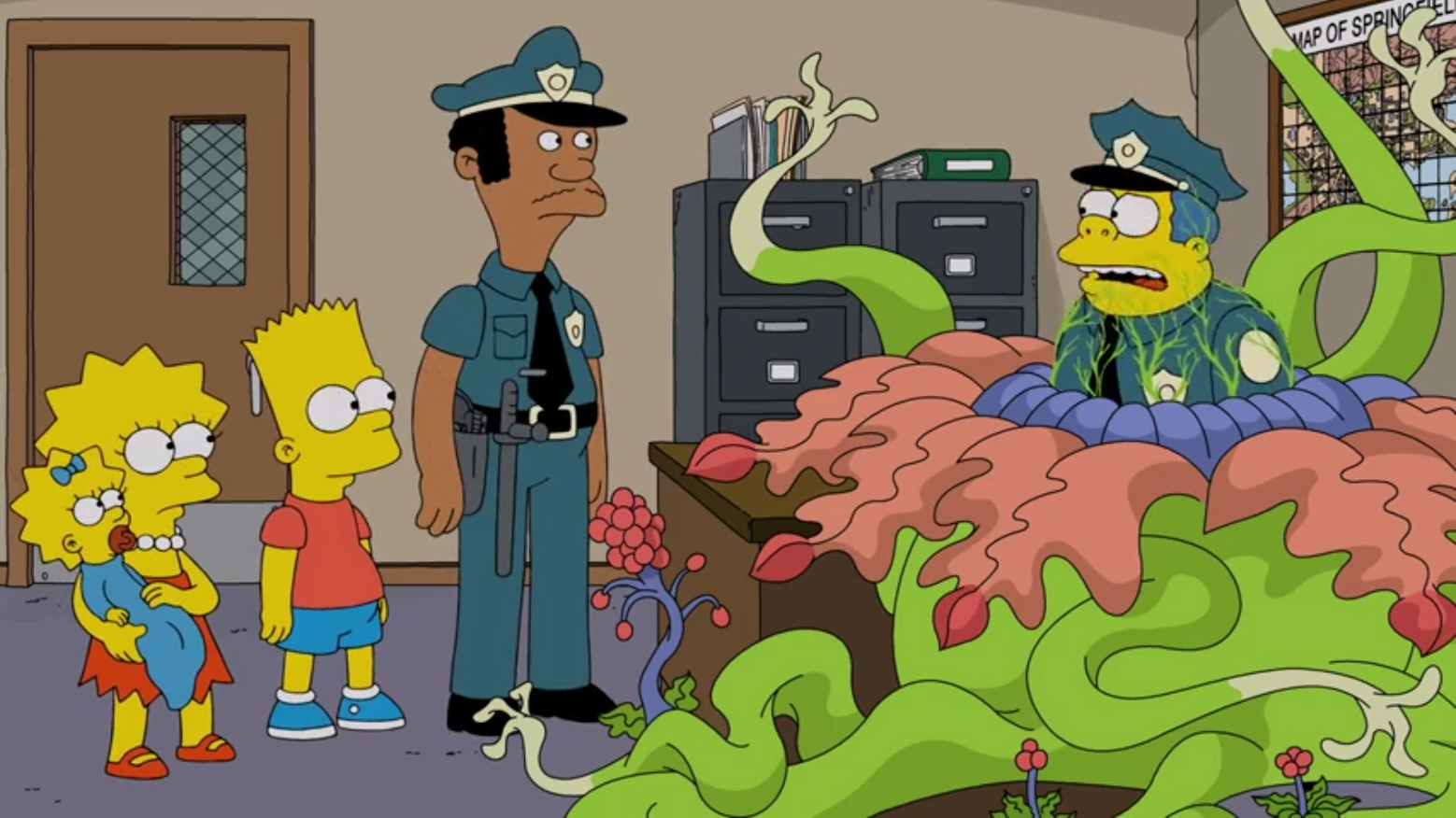 Chief Wiggum sits at his desk, being slowly consumed by an alien lifeform. Sergeant Lou, Bart, and Lisa (who is holding Maggie) look on as Chief Wiggum explains