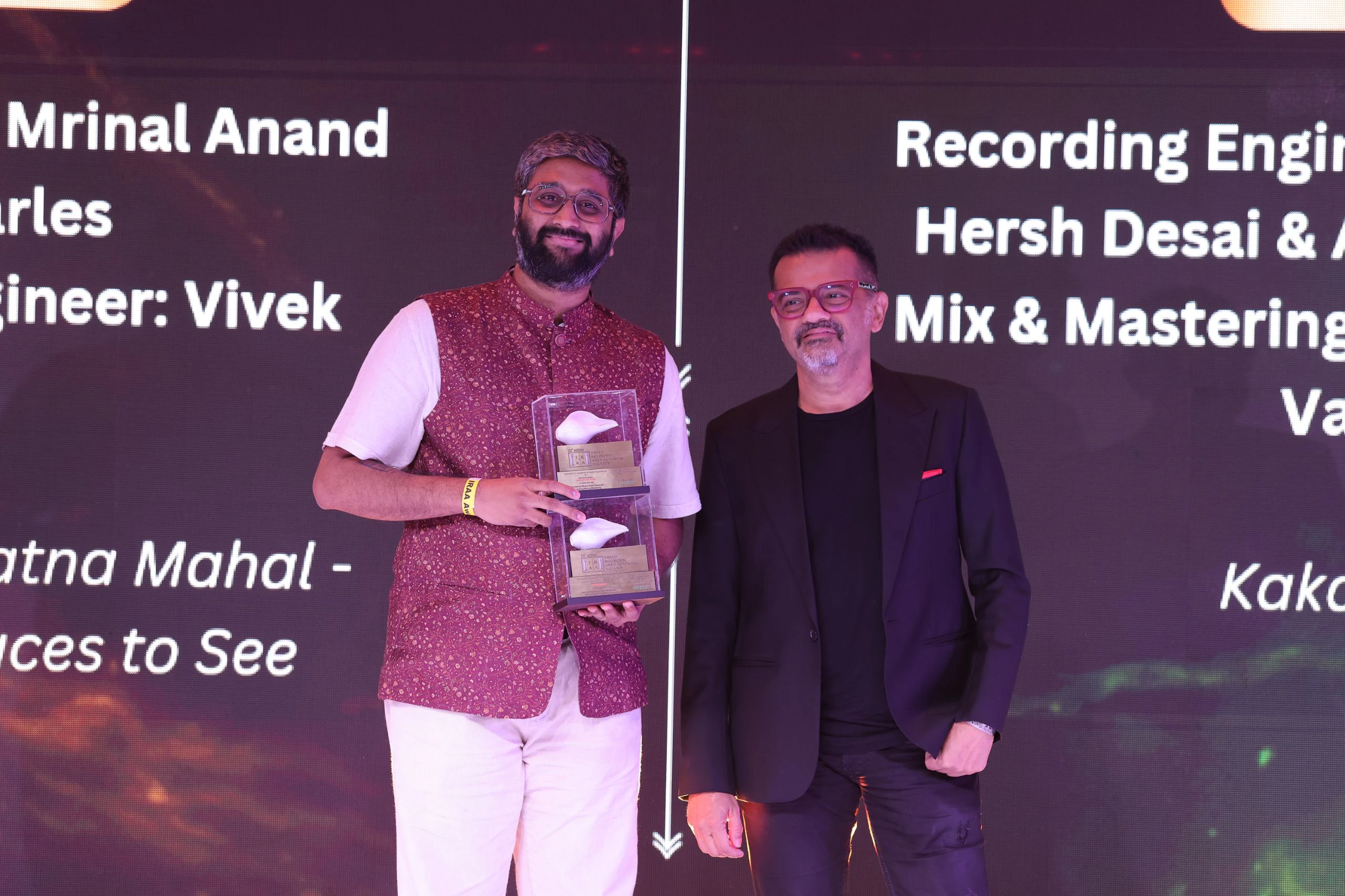 IRAA 2026 – Niranjan Joshi collects the award on behalf of Ashyar Balsara, Hersh Desai, and Adhithya Sivakumar, Jonathan Vainberg for Instrumental Music (Non-Classical) – Recording/Mixing/Mastering