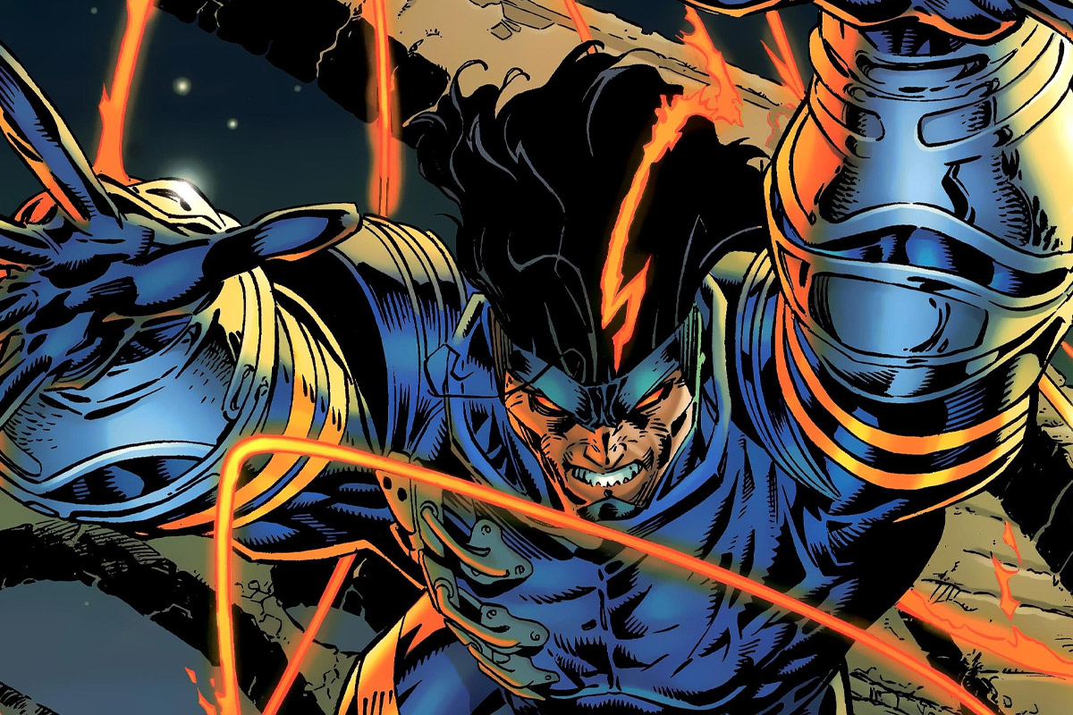 Ash looks angry with a blue suit and orange lines around him