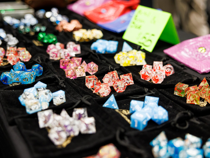 Array of acrylic and gemstone dice