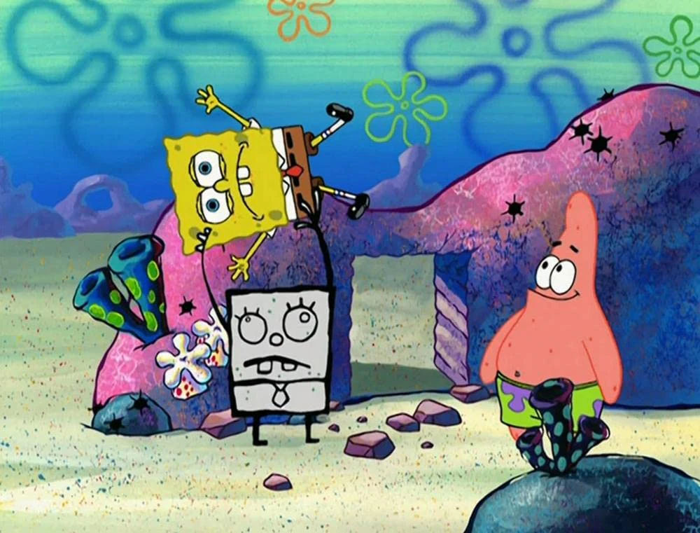 SpongeBob being held by DoodleBob as Patrick watches