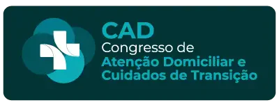 Botão retangular verde escuro com cantos arredondados contendo o logotipo do CAD (uma cruz branca sobre círculos sobrepostos em tons de azul e ciano) à esquerda e o texto 'CAD Congresso de Atenção Domiciliar e Cuidados de Transição' em branco e ciano à direita.