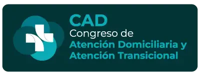 Botón rectangular verde oscuro con bordes redondeados que contiene el logotipo de CAD (una cruz blanca sobre círculos superpuestos en tonos de azul y cian) a la izquierda y el texto 'CAD Congreso de Atención Domiciliaria y Cuidados de Transición' en blanco y cian a la derecha.