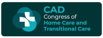 Dark green rectangular button with rounded corners containing the CAD logo (a white cross over overlapping circles in shades of blue and cyan) on the left and the text 'CAD Home Care and Transitional Care Congress' in white and cyan on the right.