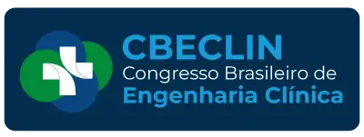 Botão retangular azul marinho com cantos arredondados contendo o logotipo do CBECLIN (uma cruz branca sobre círculos sobrepostos em tons de azul e verde) à esquerda e o texto 'CBECLIN Congresso Brasileiro de Engenharia Clínica' em branco e azul claro à direita.