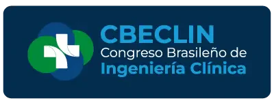 Botón rectangular azul marino con bordes redondeados que contiene el logotipo de CBECLIN (una cruz blanca sobre círculos superpuestos en tonos de azul y verde) a la izquierda y el texto 'CBECLIN Congreso Brasileño de Ingeniería Clínica' en blanco y azul claro a la derecha.