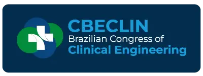 Navy blue rectangular button with rounded corners containing the CBECLIN logo (a white cross over overlapping circles in shades of blue and green) on the left and the text 'CBECLIN Brazilian Clinical Engineering Congress' in white and light blue on the right.