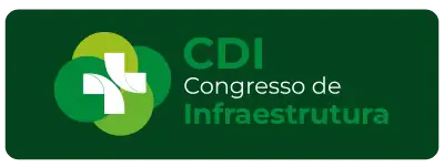Botão retangular verde escuro com cantos arredondados contendo o logotipo do CDI (uma cruz branca sobre círculos sobrepostos em tons de verde claro e limão) à esquerda e o texto 'CDI Congresso de Infraestrutura' em branco e verde vibrante à direita.