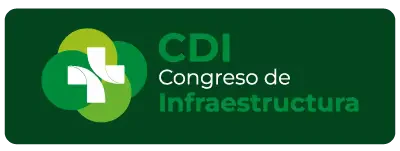 Botón rectangular verde oscuro con bordes redondeados que contiene el logotipo de CDI (una cruz blanca sobre círculos superpuestos en tonos de verde claro y lima) a la izquierda y el texto 'CDI Congreso de Infraestructura' en blanco y verde vibrante a la derecha.