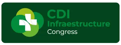 Dark green rectangular button with rounded corners containing the CDI logo (a white cross over overlapping circles in shades of light green and lime) on the left and the text 'CDI Infrastructure Congress' in white and vibrant green on the right.