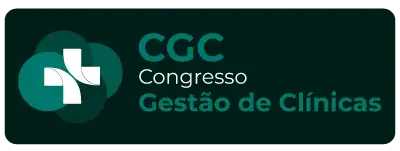 Botão retangular verde escuro com cantos arredondados contendo o logotipo do CGC (uma cruz branca sobre círculos sobrepostos em tons de verde azulado) à esquerda e o texto 'CGC Congresso Gestão de Clínicas' em branco e verde-água à direita.