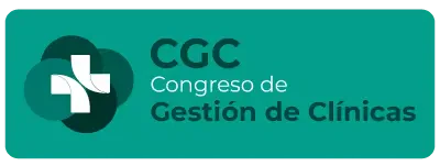 Botón rectangular verde oscuro con bordes redondeados que contiene el logotipo de CGC (una cruz blanca sobre círculos superpuestos en tonos de verde azulado) a la izquierda y el texto 'CGC Congreso Gestión de Clínicas' en blanco y verde agua a la derecha.