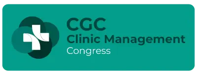 Dark green rectangular button with rounded corners containing the CGC logo (a white cross over overlapping circles in shades of teal) on the left and the text 'CGC Clinic Management Congress' in white and aqua green on the right.