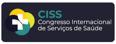 Botão retangular preto com cantos arredondados contendo o logotipo do CISS (uma cruz branca sobre círculos coloridos em amarelo, verde e azul) à esquerda e o texto 'CISS Congresso Internacional de Serviços de Saúde' em branco e verde à direita.