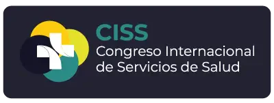 Botón rectangular negro con bordes redondeados que contiene el logotipo del CISS (una cruz blanca sobre círculos de colores en amarillo, verde y azul) a la izquierda y el texto 'CISS Congreso Internacional de Servicios de Salud' en blanco y verde a la derecha.