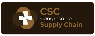 Botão retangular marrom escuro com cantos arredondados contendo o logotipo do CSC (uma cruz branca sobre círculos sobrepostos em tons de bronze e marrom) à esquerda e o texto 'CSC Congresso de Supply Chain' em branco e bronze à direita.