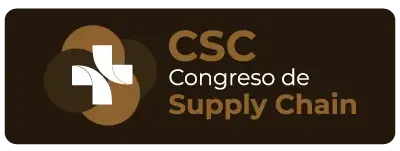 Botón rectangular marrón oscuro con bordes redondeados que contiene el logotipo de CSC (una cruz blanca sobre círculos superpuestos en tonos de bronce y marrón) a la izquierda y el texto 'CSC Congreso de Supply Chain' en blanco y bronce a la derecha.