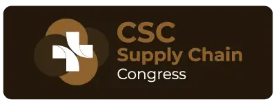 Dark brown rectangular button with rounded corners containing the CSC logo (a white cross over overlapping circles in shades of bronze and brown) on the left and the text 'CSC Supply Chain Congress' in white and bronze on the right.