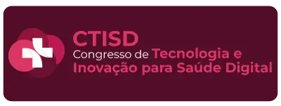Botão retangular bordô com cantos arredondados contendo o logotipo do CTISD (uma cruz branca sobre círculos sobrepostos em tons de rosa e magenta) à esquerda e o texto 'CTISD Congresso de Tecnologia e Inovação para Saúde Digital' em branco e rosa à direita.