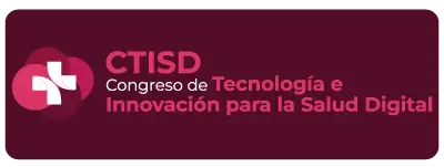 Botón rectangular burdeos con bordes redondeados que contiene el logotipo de CTISD (una cruz blanca sobre círculos superpuestos en tonos de rosa y magenta) a la izquierda y el texto 'CTISD Congreso de Tecnología e Innovación para la Salud Digital' en blanco y rosa a la derecha.