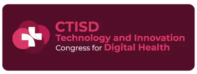 Burgundy rectangular button with rounded corners containing the CTISD logo (a white cross over overlapping circles in shades of pink and magenta) on the left and the text 'CTISD Digital Health Technology and Innovation Congress' in white and pink on the right.