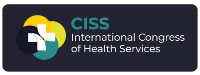 Black rectangular button with rounded corners containing the CISS logo (a white cross over colored circles in yellow, green, and blue) on the left and the text 'CISS International Congress of Health Services' in white and green on the right.