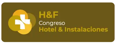 Botón rectangular marrón con bordes redondeados que contiene el logotipo de H&F (una cruz blanca sobre círculos amarillos y dorados) a la izquierda y el texto 'H&F Congreso de Hospitalidad & Facilities' en blanco y dorado a la derecha.